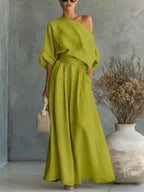 Elegant Fitted Asymmetrical Shoulder Top and Pants Two-Piece Set