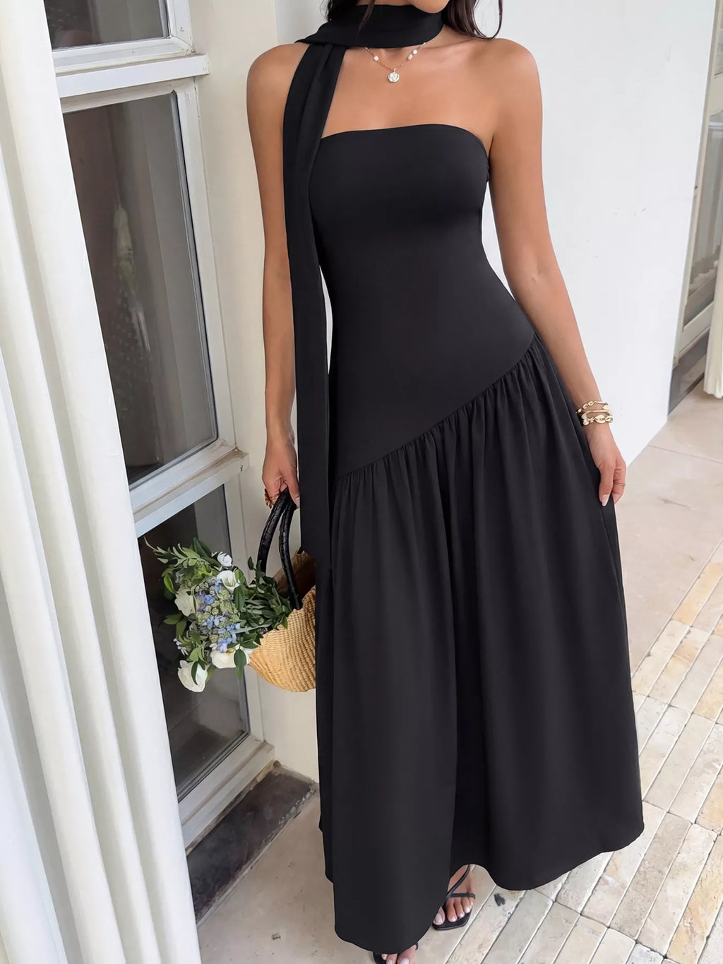 Elegant slit tube maxi dress with matching scarf from Trendsi, featuring a flowing silhouette and stylish design.