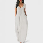 Summer NewWomen's Plus Size Solid Color Dress Sexy Deep V Neck Short Sleeve Long Dress