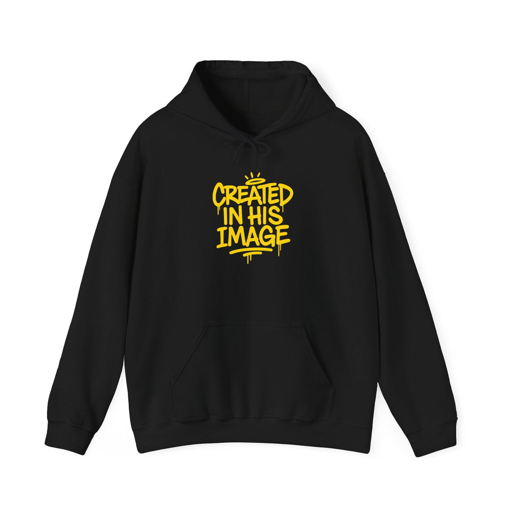 Wear Your Worship Created In His Image hoodie featuring Genesis 1:27 inspirational design, soft pullover sweatshirt for men and women.