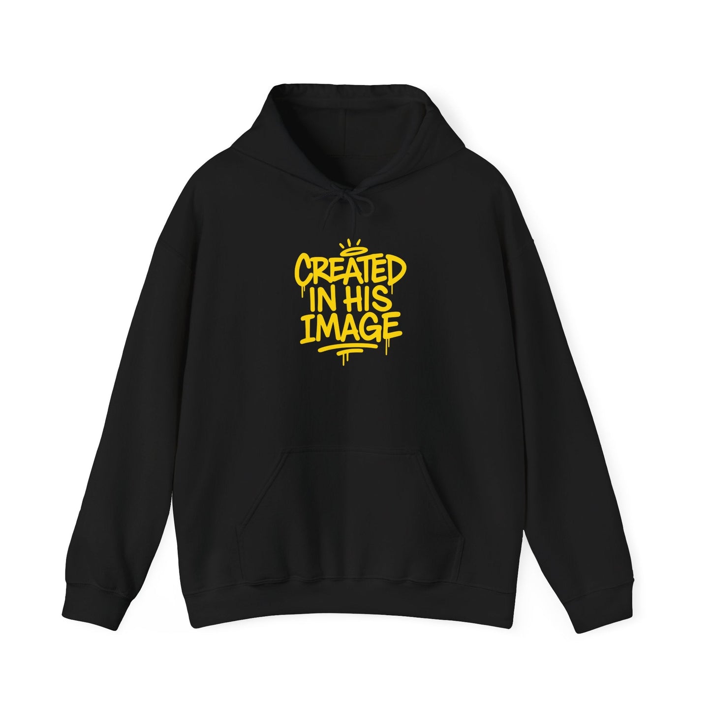 Gray "Created In His Image" hoodie featuring Genesis 1:27 quote, casual apparel by Plush Fashion Hub, front view.