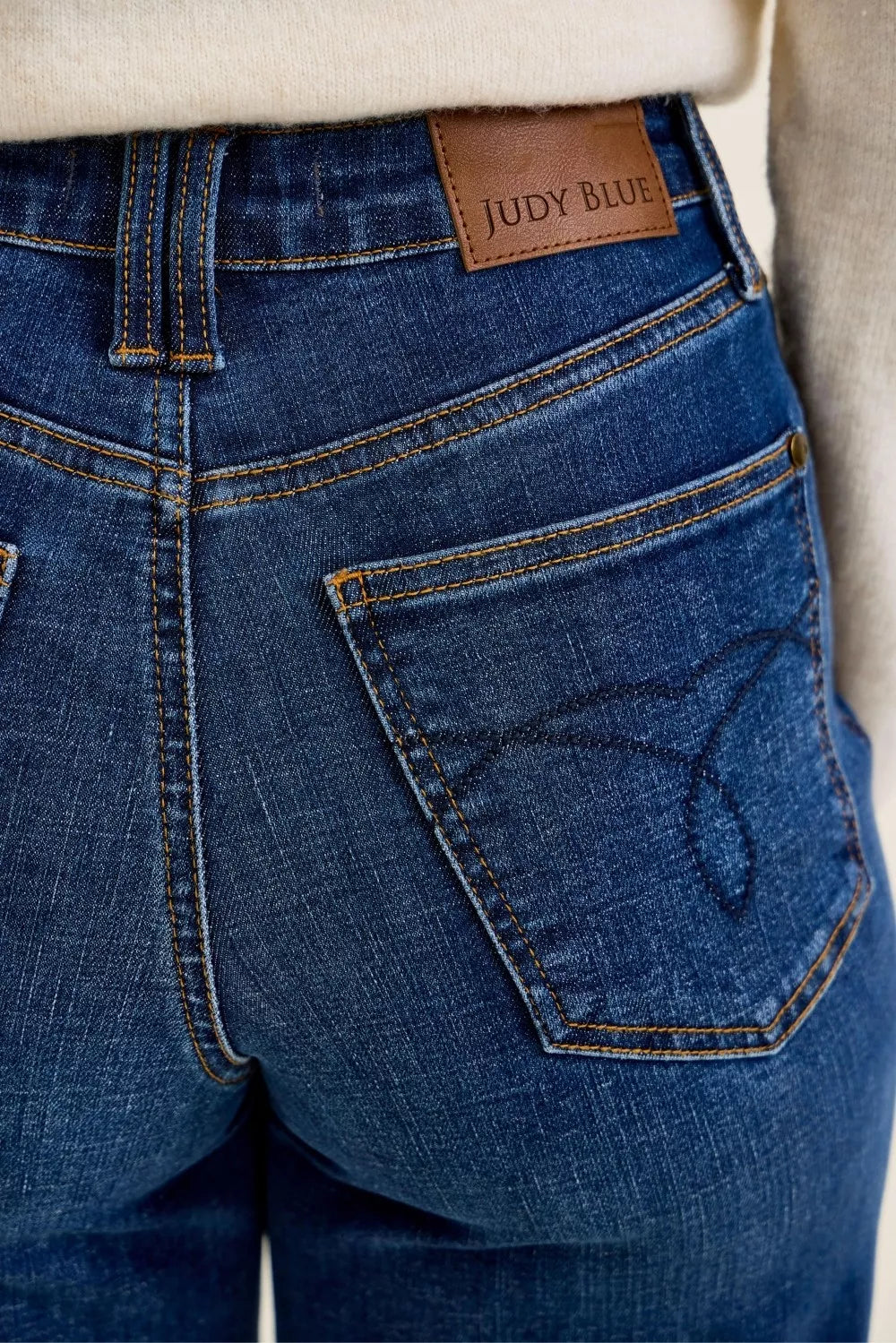 Judy Blue high waist T.C. Claudia ankle wide jeans in dark denim with contrast stitching and classic five-pocket design.