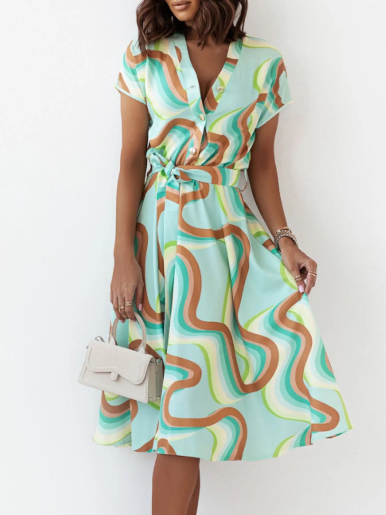 Printed button front midi dress with belt by Shopimist, shown with a waist belt and a stylish, flowy silhouette.