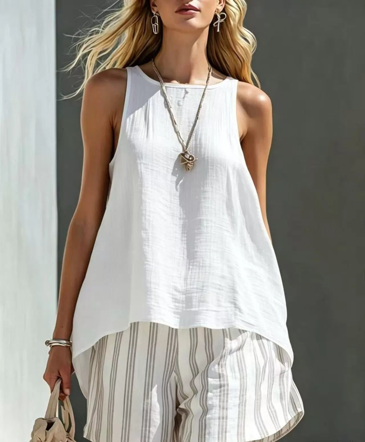 Shopimist two-piece set with a round neck tank top and striped shorts, casual summer outfit for women.