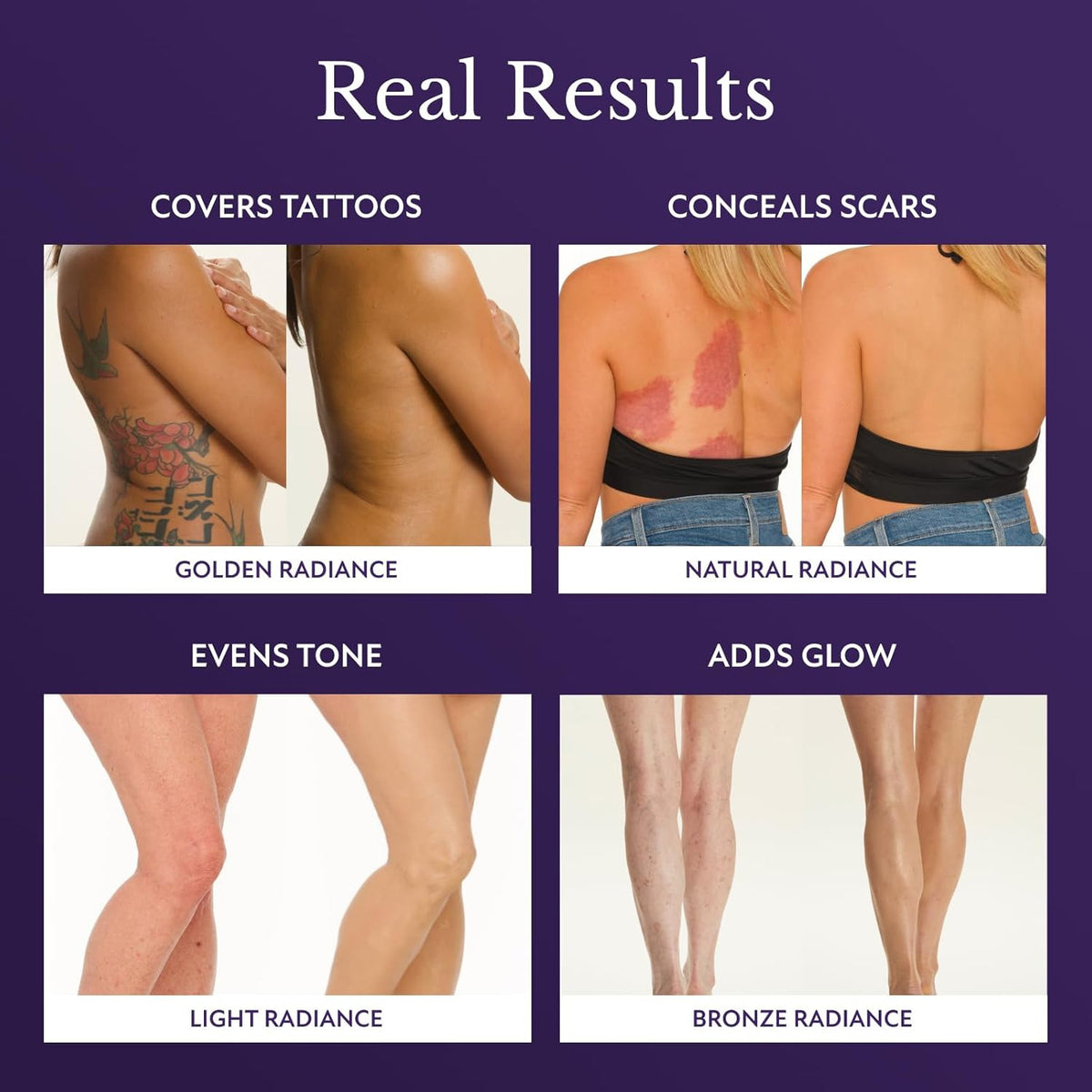 Four side-by-side before-and-after results show a cream covering tattoos, concealing scars, evening tone, and adding glow.