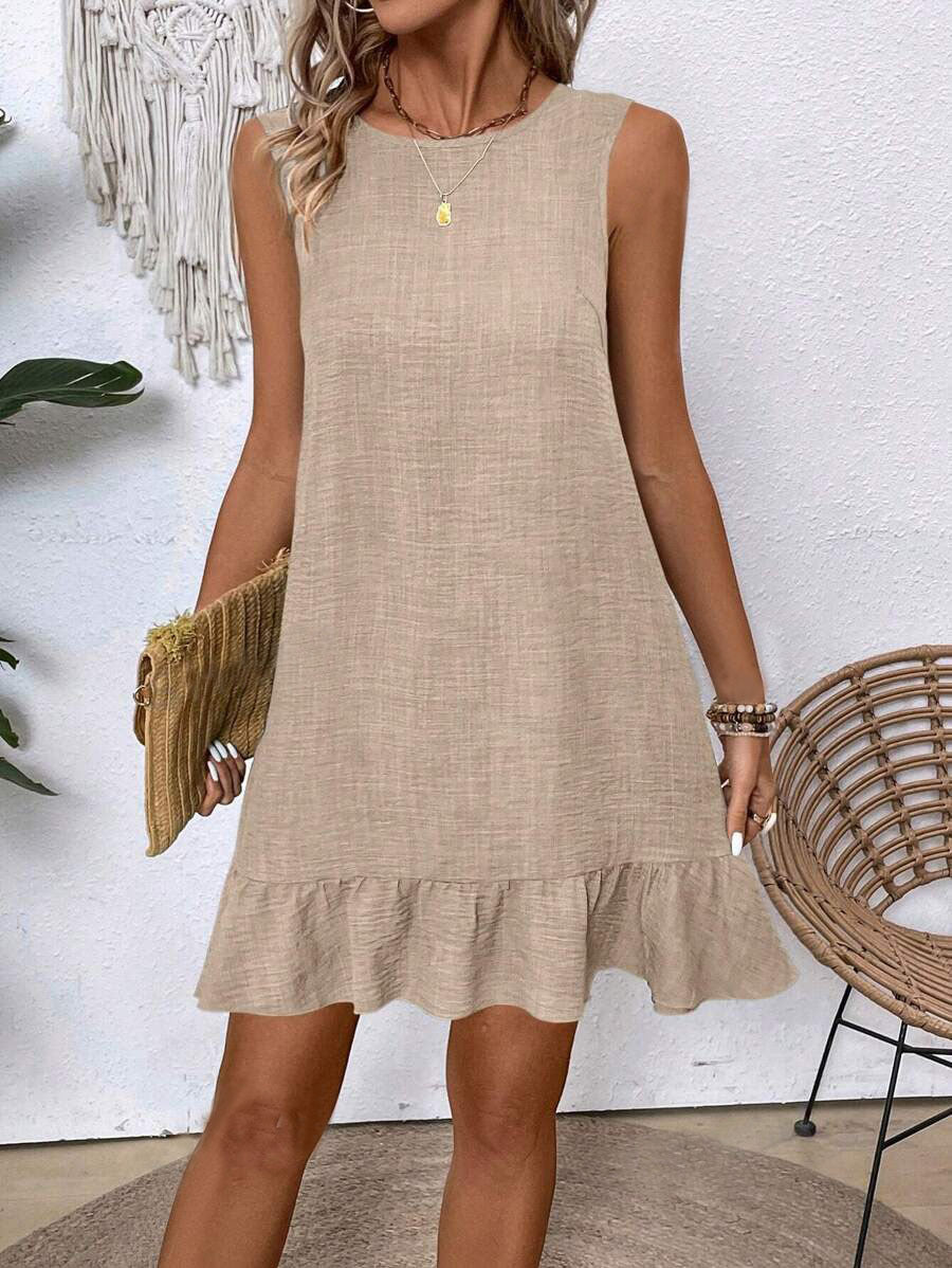 Women's ruffle lace-up mini dress with short sleeves, loose fit, perfect for beachwear by Plush Fashion Hub.