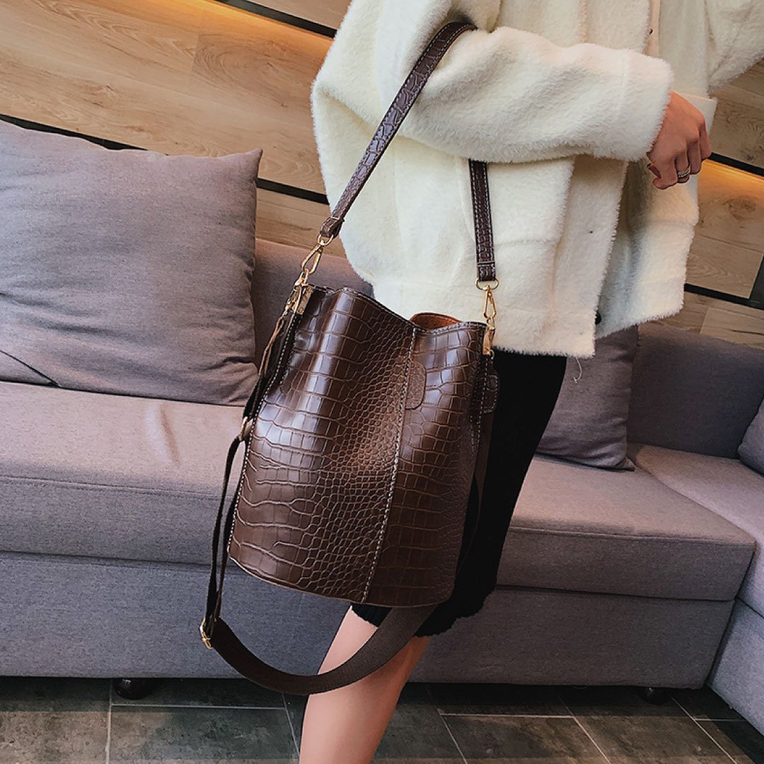 Chocolate croc leather Blake shoulder bag by LadyShow.Store with a sleek design and adjustable strap.