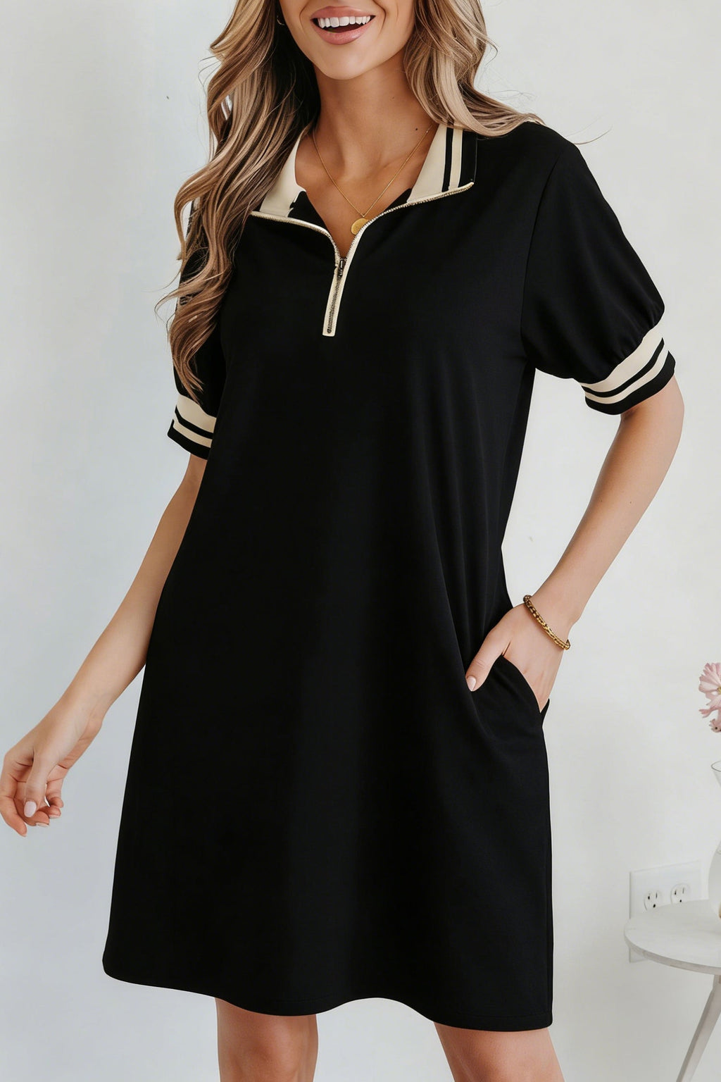 Jovie Trim Preppy Polo Tee by Threaded Pear, a stylish T shirt dress featuring a classic polo collar and trim details.
