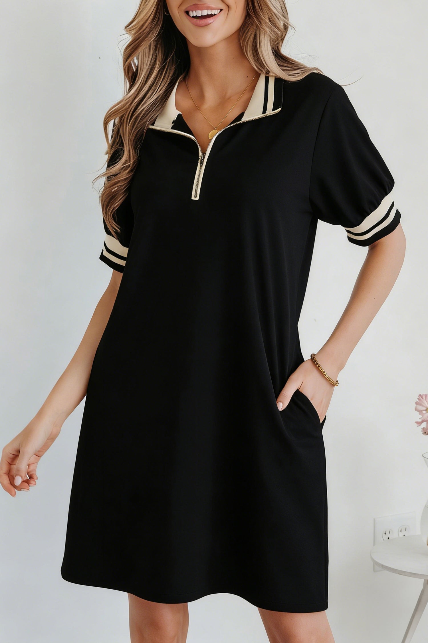 Jovie Trim Preppy Polo Tee by Threaded Pear, a stylish T shirt dress featuring a classic polo collar and trim details.
