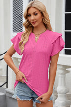 Trendsi eyelet notched flutter sleeve t-shirt in soft fabric with stylish flutter sleeves and eyelet details, casual top for women.