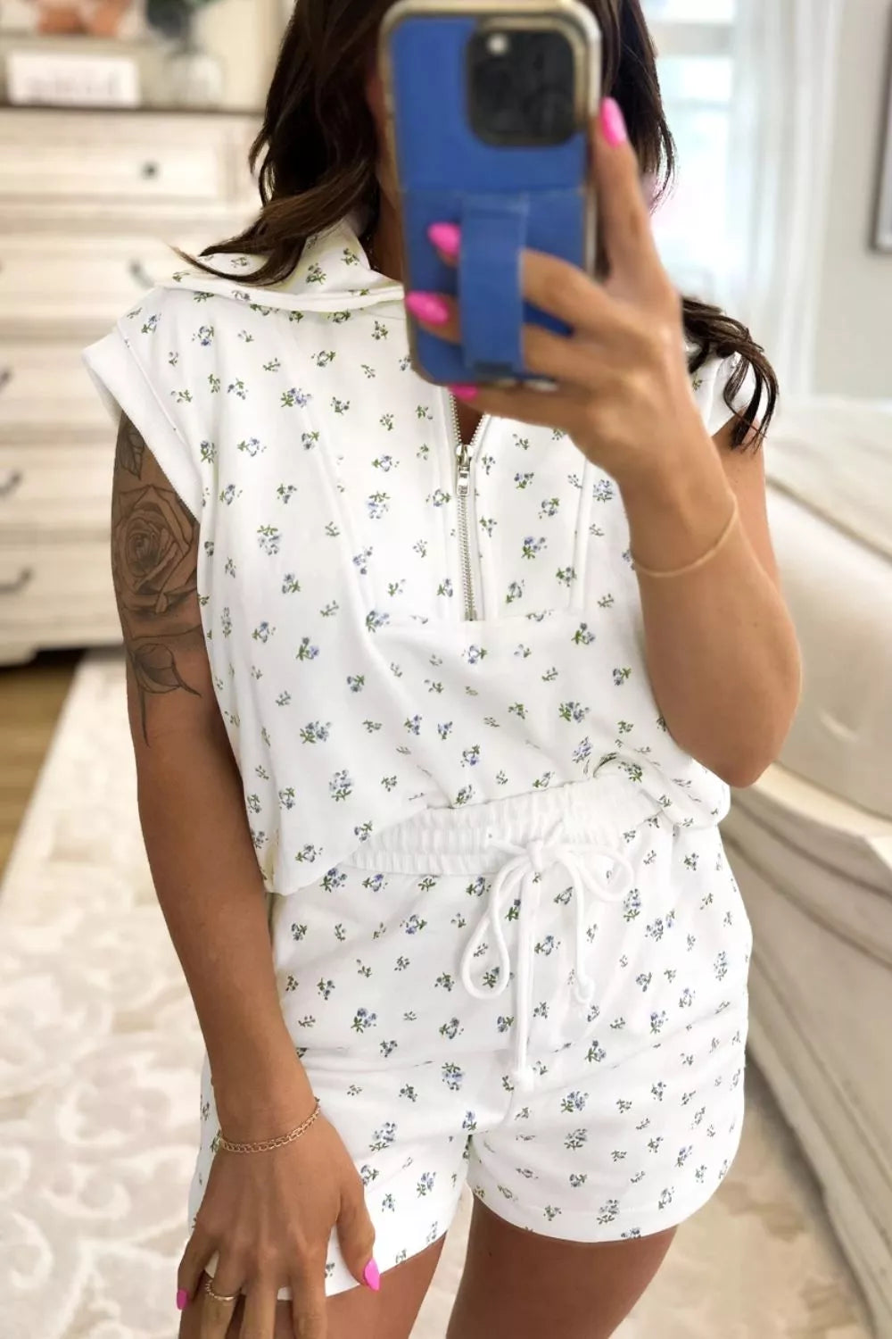 Floral print half zip top and matching shorts set by Plush Fashion Hub, featuring a vibrant floral design and comfortable fit.
