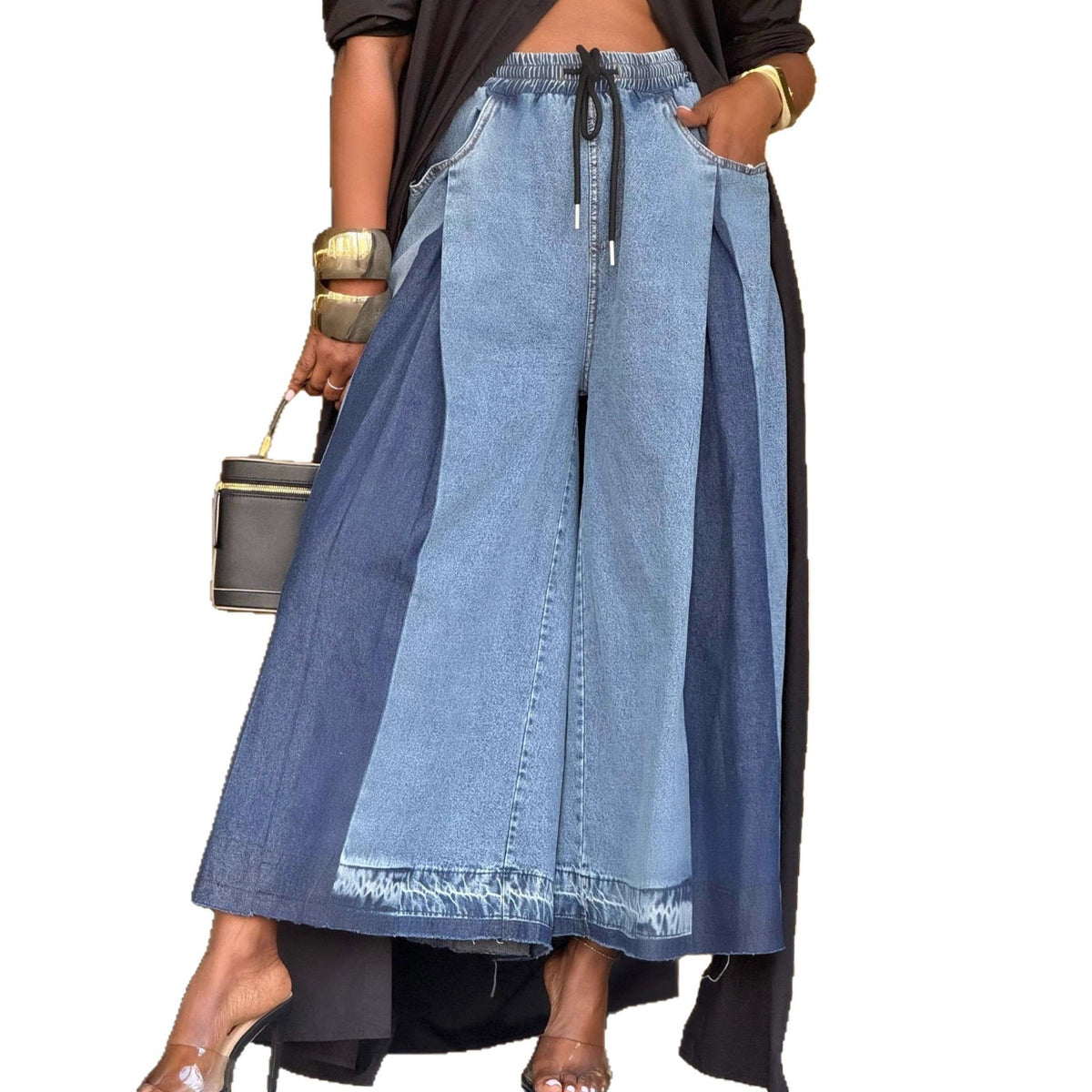 Plush Fashion Hub wide-leg cropped jeans with elastic drawstring waist, pleated design, and color-blocked pattern for street style look.