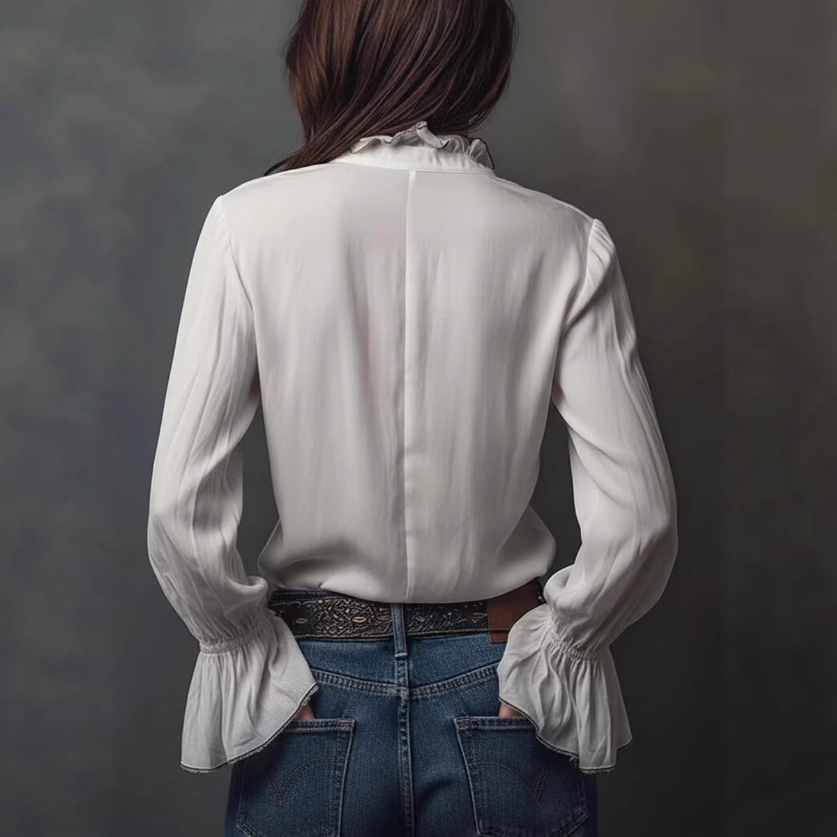 Women's ruffled sleeve resort shirt by FitiqueFit, casual long blouse with stretchy fabric and relaxed fit, perfect for warm weather.