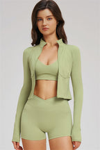 Fitglutes Activewear sports bra, zip jacket, and shorts 3-piece set for workout and gym activities.
