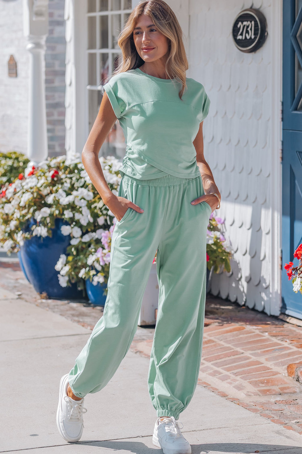 Threaded Pear Rosalie Color Cropped Lounge Set with matching pant set, featuring a casual, comfortable fit in a vibrant color.