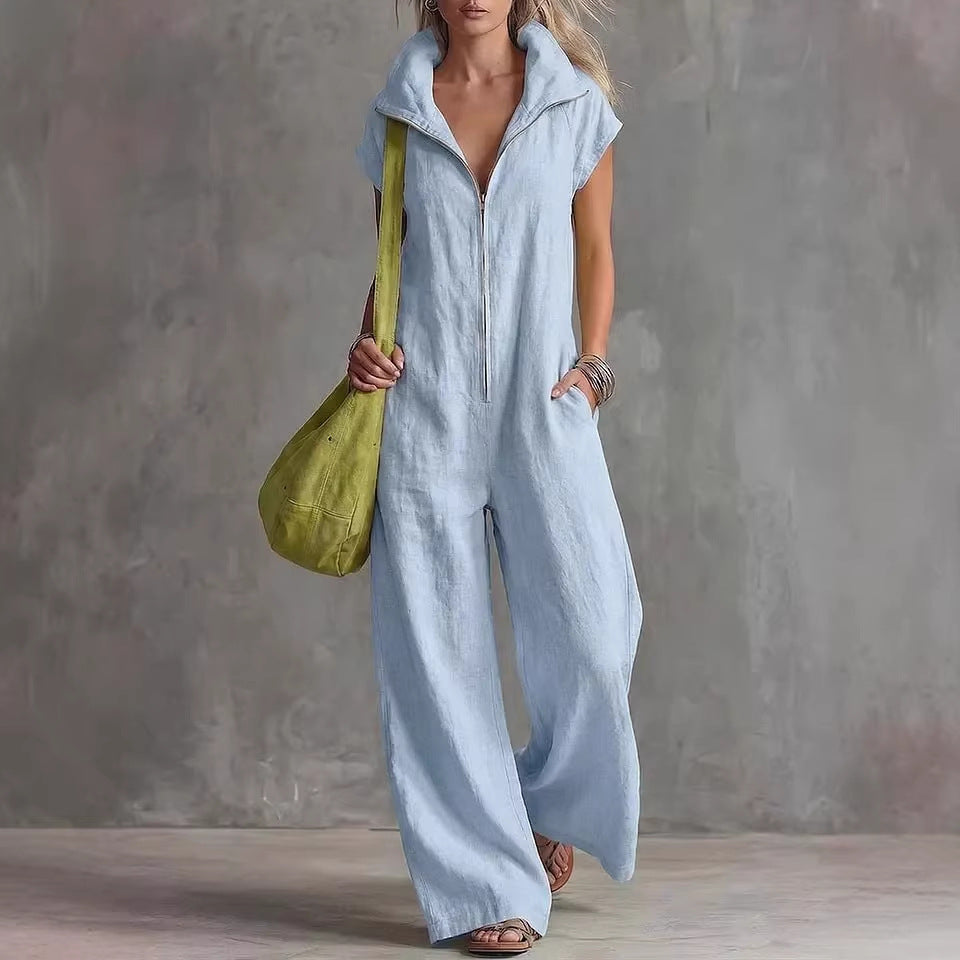 Women's linen-look sleeveless jumpsuit with pockets by FitiqueFit, featuring a relaxed fit and casual style.