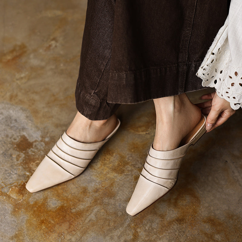Handmade sheepskin ruched mule slides with square toe and low heel from FitiqueFit, showcasing soft, textured footwear in natural tones.