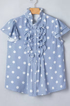 Stripe Contrast Polka Dot Print Pleated Ruffle Sleeve Shirt