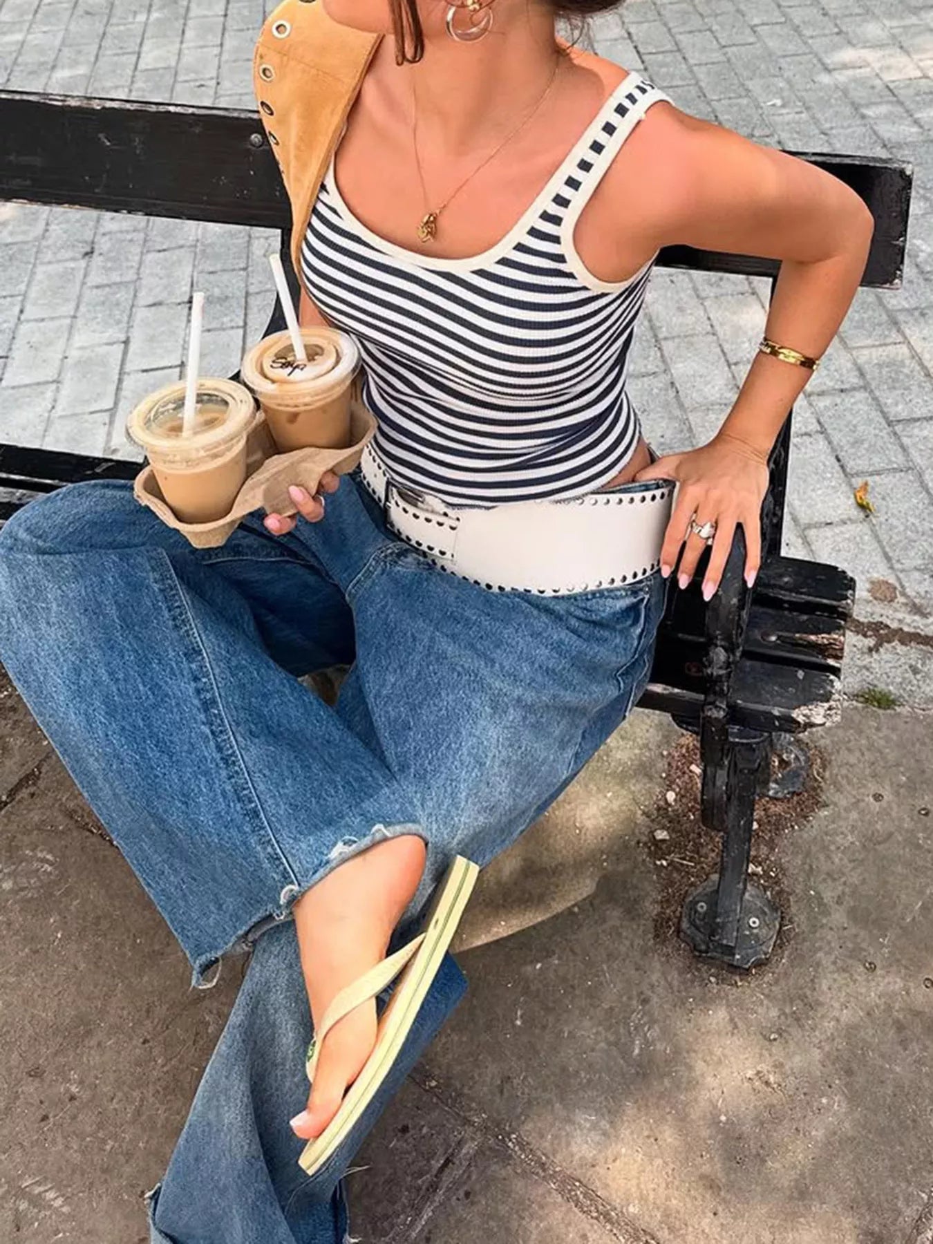 Striped scoop neck tank top from Trendsi featuring a casual fit with vertical stripes and sleeveless design.