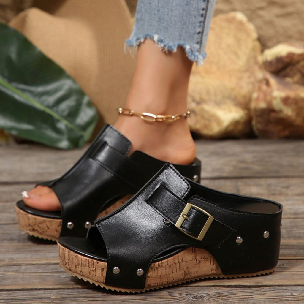 Women's open toe wedge sandals by Trendsi, featuring comfortable PU leather, high heel, and stylish design.
