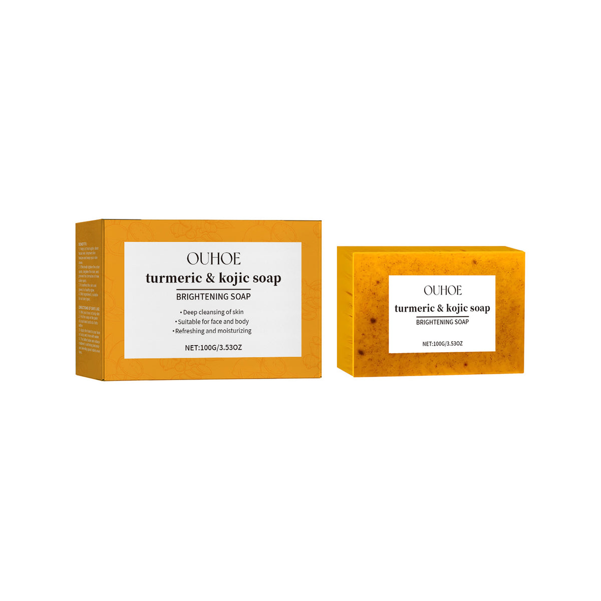 OUHOE turmeric & kojic brightening soap bar with orange packaging, featuring a white product label.