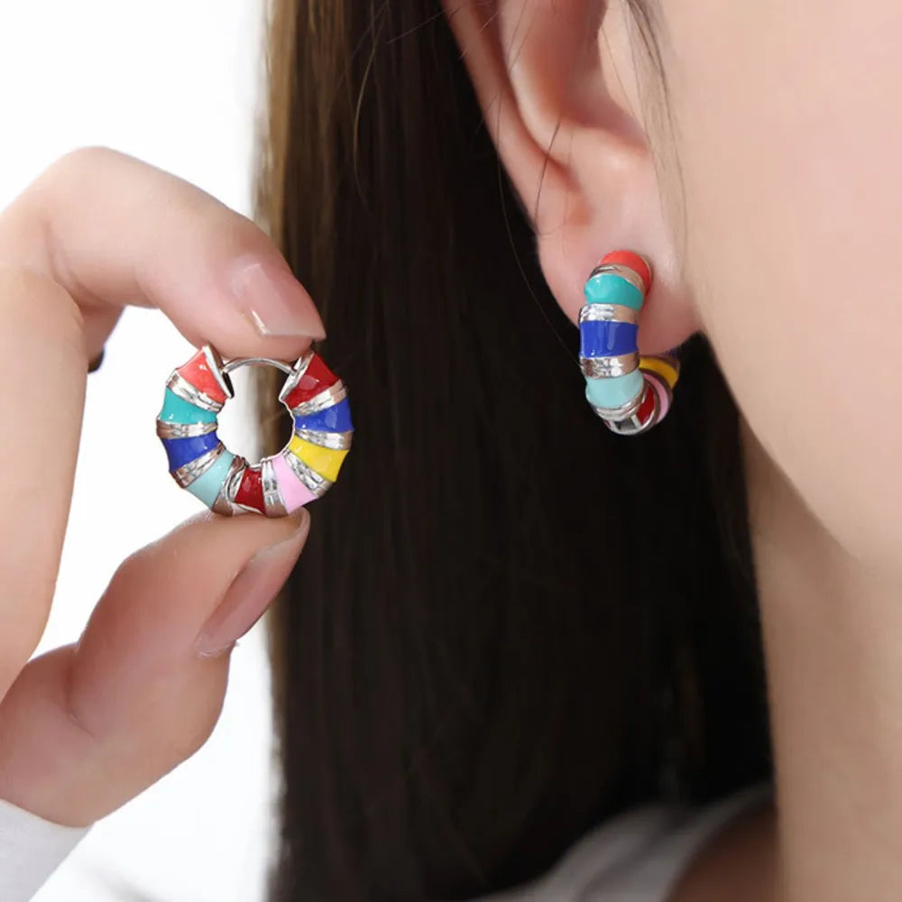 Titanium steel enamel hoop earrings with colorful design, stylish jewelry for women from Plush Fashion Hub