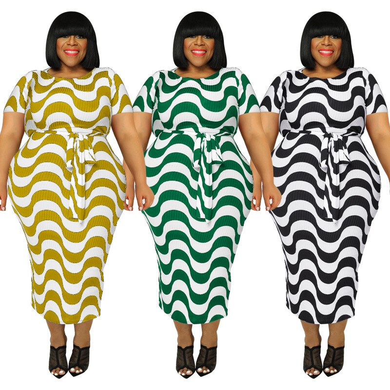 Three identical ribbed midi dresses with wavy striped patterns in mustard, green, and black, featuring a tied waist belt.