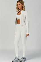 Fitglutes Activewear sports bra, jacket, and leggings 3-piece set, stylish gymwear for workout and active fitness activities.