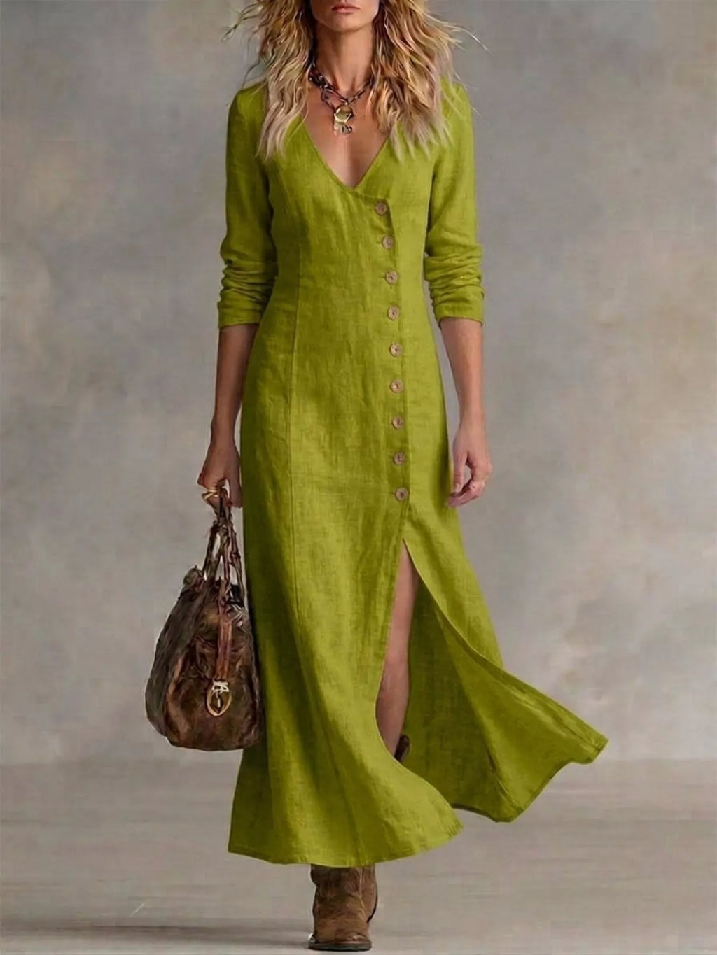 Plus size full-length maxi dress with button front and slit by Shopimist, featuring a stylish and flowing design.