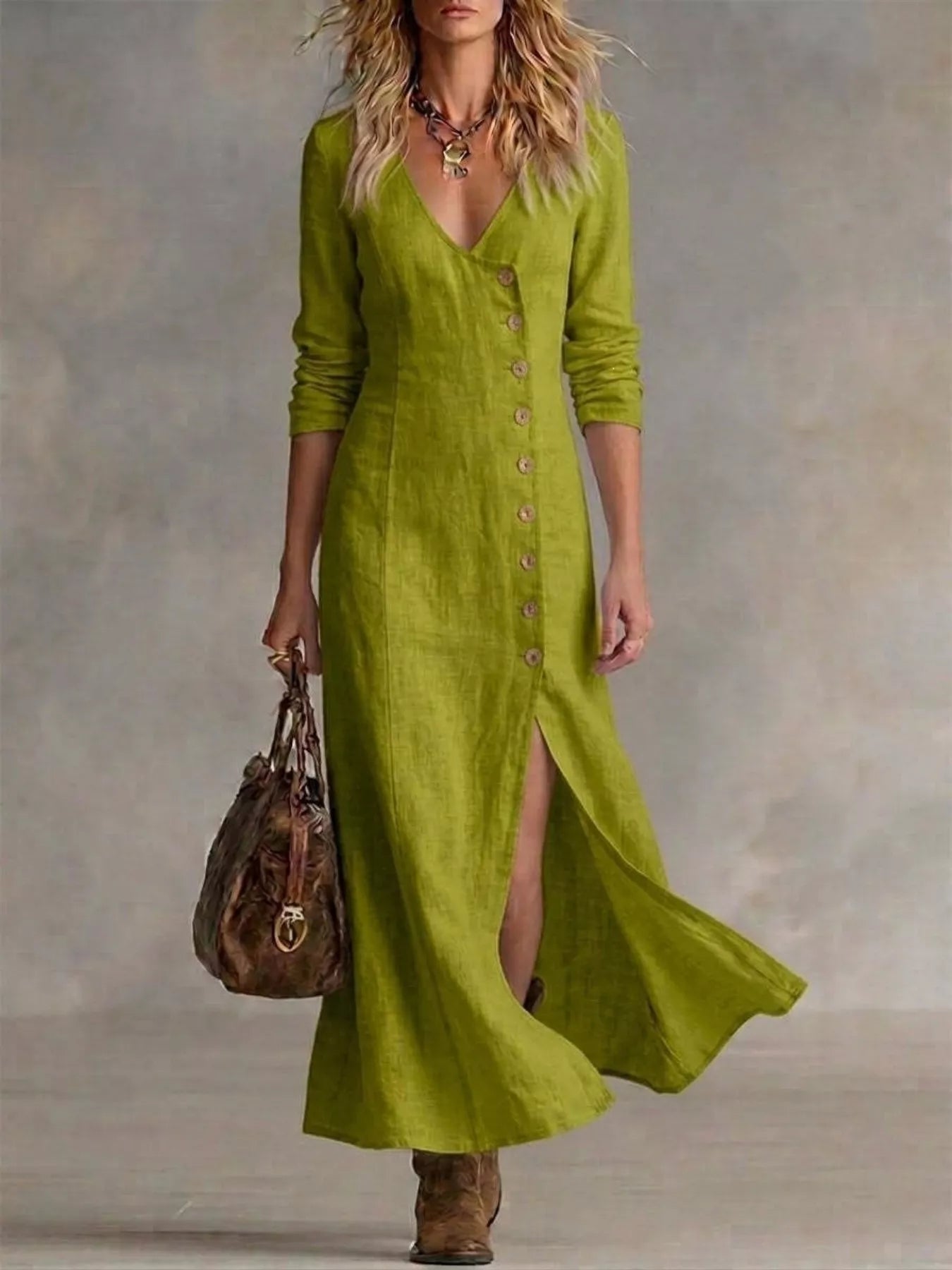 Plus size full-length maxi dress with button front and slit by Shopimist, featuring a stylish and flowing design.