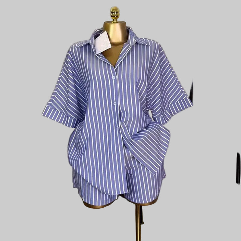 Coastal Chic Striped Button-Down Shirt and Wide-Leg Short Set
