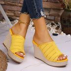 Women's mesh open toe wedge sandals by Trendsi featuring high heels and stylish, comfortable design with a modern mesh upper.