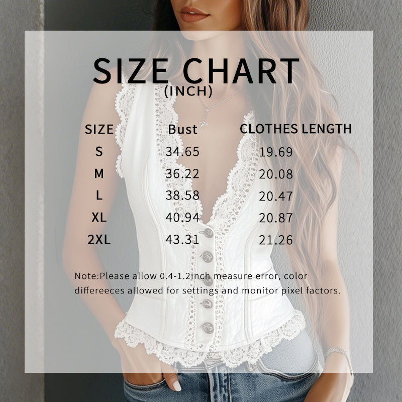 Casual women's lace trim button-down crop tank vest by FitiqueFit, featuring a sleeveless design with delicate lace details.