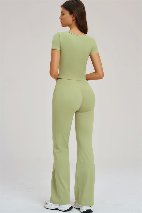 Fitglutes activewear Sizzle T-shirt and flared leggings 2-piece set, stylish gymwear and workout clothes for women.