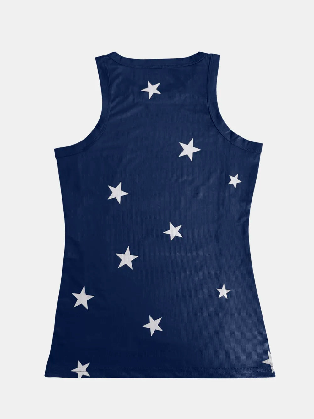Women's star print cotton blend round neck casual tank top with sleeveless design and relaxed fit.