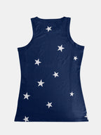 Women's star print cotton blend round neck casual tank top with sleeveless design and relaxed fit.