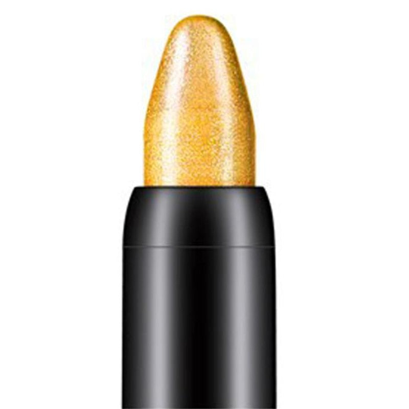 Gold shimmering metallic lipstick in a black matte plastic twist-up style container.