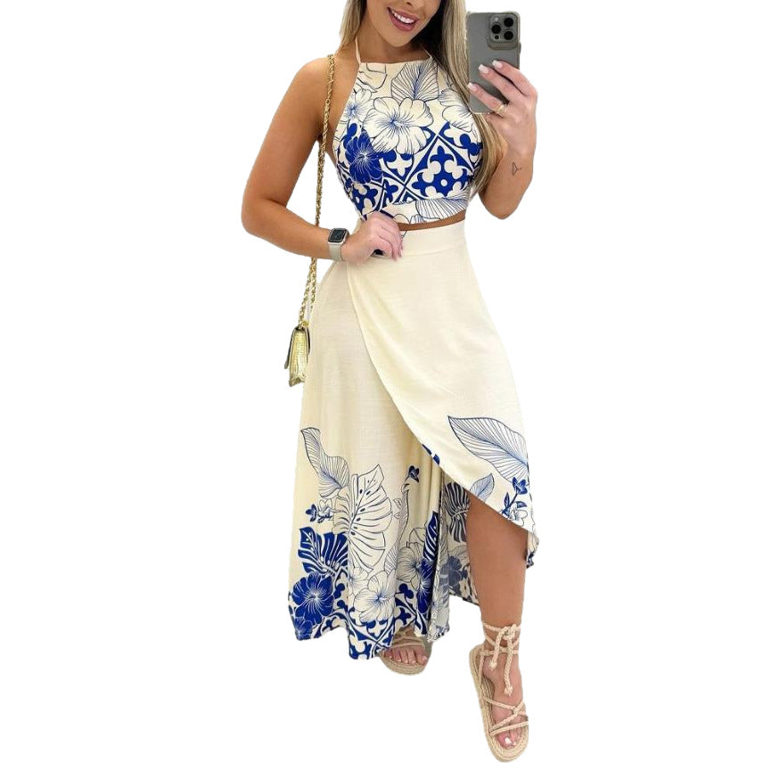 Backless hanging neck long skirt two-piece set by Plush Fashion Hub featuring a flowing skirt and matching top.
