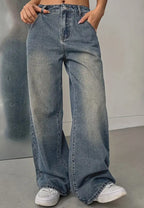 European and American vintage washed denim pants for women by LadyShow.Store, showing classic distressed denim and relaxed fit.