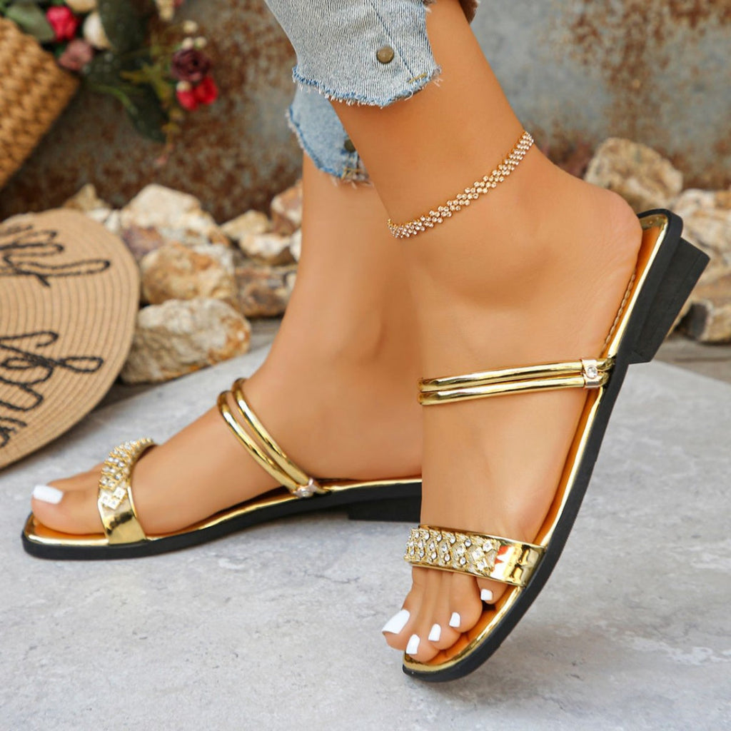 Shopimist rhinestone strappy flat sandals with sparkling embellishments and open toe design, perfect for casual summer wear.
