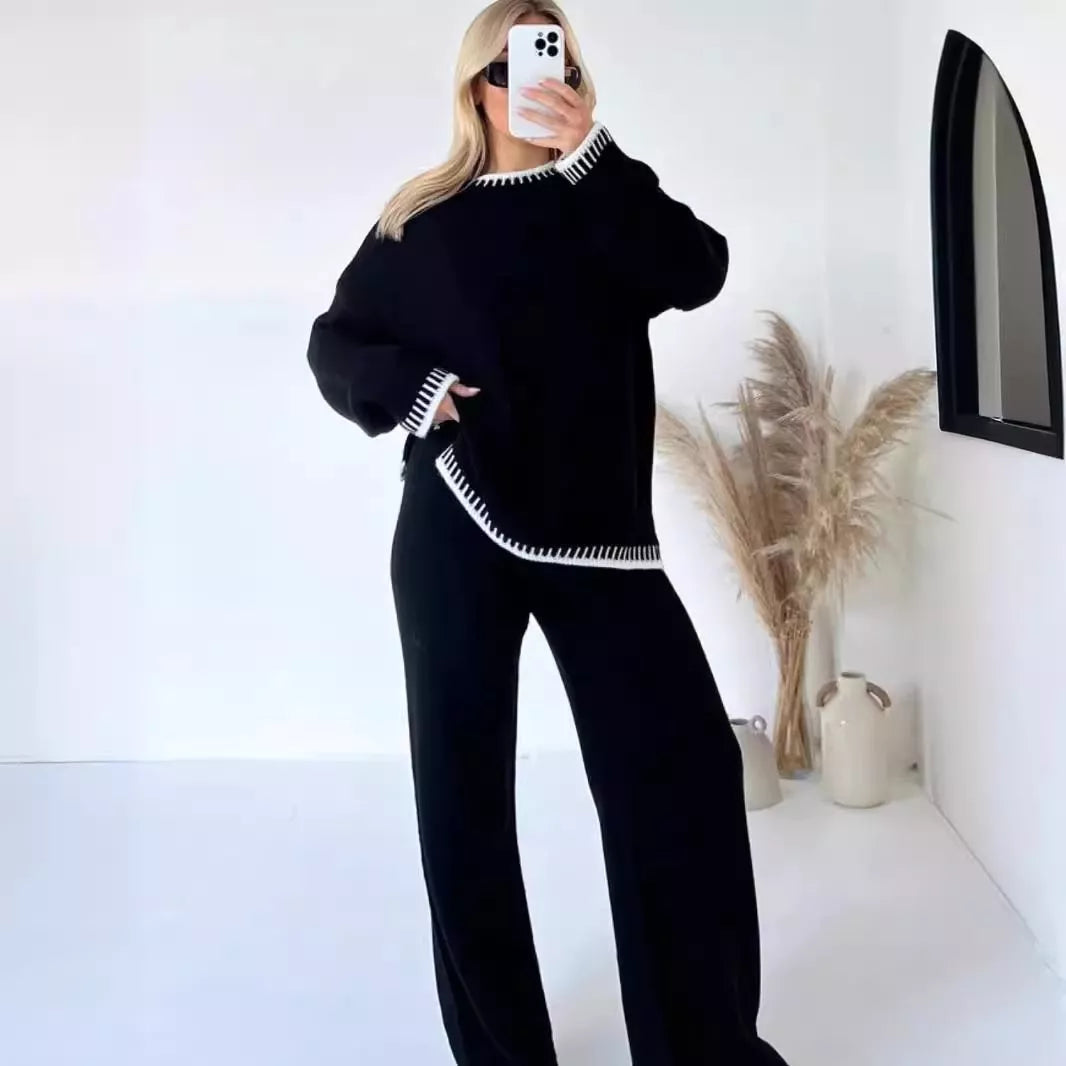 Simply Love contrast trim round neck top and pants sweater set, cozy knit with stylish detailing, perfect for casual wear.