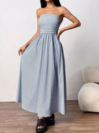Striped strapless casual maxi dress by Simply Love, flowing fabric with bold horizontal stripes, perfect for summer outings.