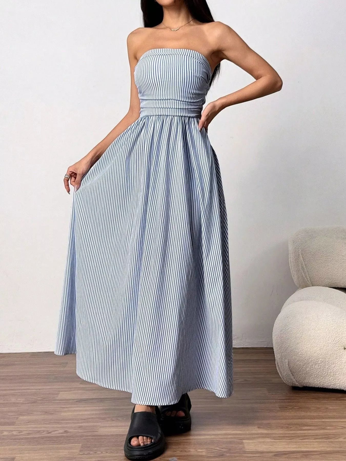 Striped strapless casual maxi dress by Simply Love, flowing fabric with bold horizontal stripes, perfect for summer outings.