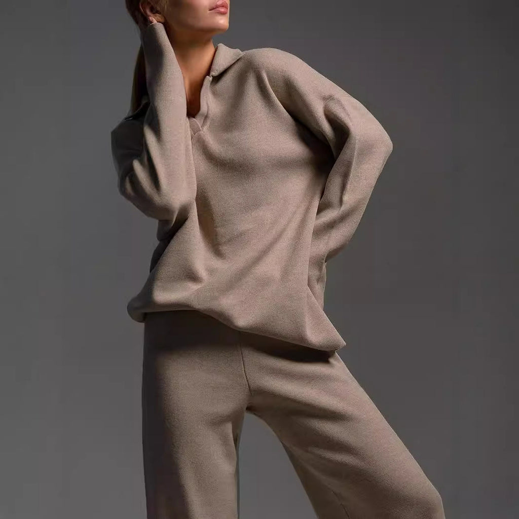 Women’s Fall Winter two-piece casual wear set by FitiqueFit featuring a loose collar sweater and matching pants.
