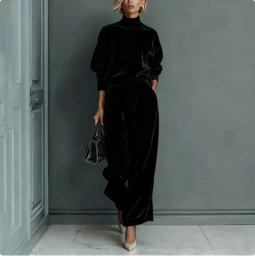 Plush Fashion Hub casual warm velour long-sleeved high-neck zipper sportswear with wide-leg pants in solid color.