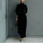 Plush Fashion Hub casual warm velour long-sleeved high-neck zipper sportswear with wide-leg pants in solid color.