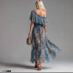 Peacock blue leopard print chiffon off-shoulder boho A-line dress from Plush Fashion Hub, casualwear with flowy, stylish design.
