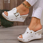 Open toe wedge sandals by Plush Fashion Hub featuring tan straps and a comfortable cork wedge heel, perfect for summer outfits.
