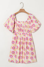 Floral square neck puff sleeve cotton midi dress with pleated flared design by Plush Fashion Hub, featuring a feminine floral pattern.