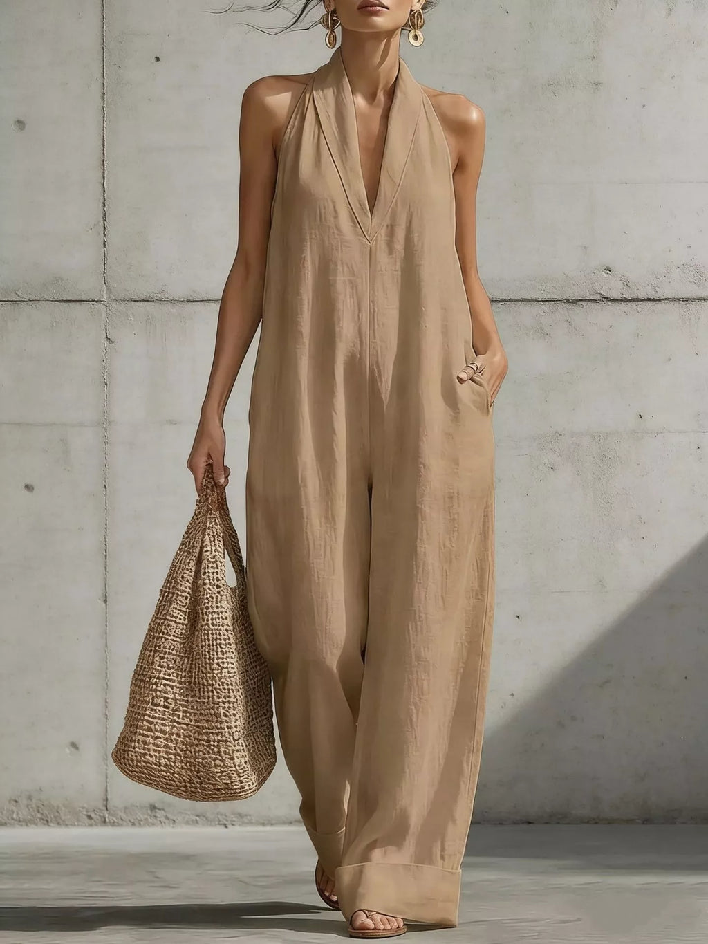 Plus size Trendsi halter neck jumpsuit with wide-leg design, full length, stylish and comfortable for casual or dressy occasions.